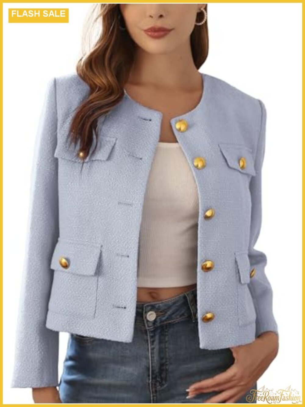 Cropped Tweed Blazer Womens Gold-Tone Button Collarless Lined